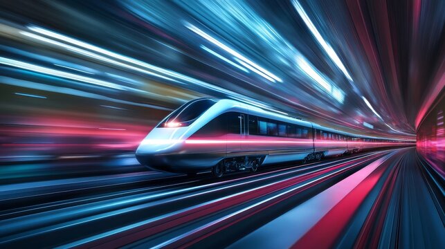 minimalistic futuristic train scene with hyperloop infrastructure, express transit vehicle leaving behind light trails, digital transport theme with abstract environment