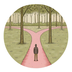 Person stands at crossroads in serene park surrounded by trees and grass, contemplating choices with transparent background