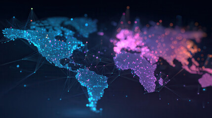 Glowing world map with digital connections and data points