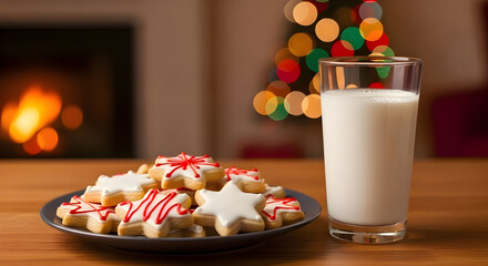 Cookies and glass of milk left for Santa on Christmas Eve near decorated tree