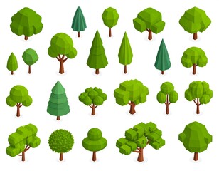 Collection of stylized, low-poly, green trees in various shapes