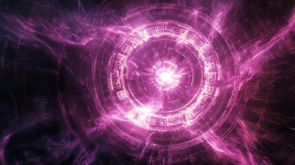 Vibrant magenta dimensional portal with electrical discharge patterns, geometric runes inscribed around circumference, shimmering energy field within aperture, vapor wisps being drawn toward center,