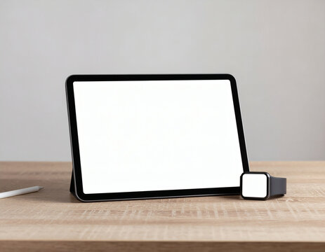 Tablet and smartwatch on minimalist wooden desk in bright light, symbolizing modern technology, productivity, and connection in digital professional lifestyle
