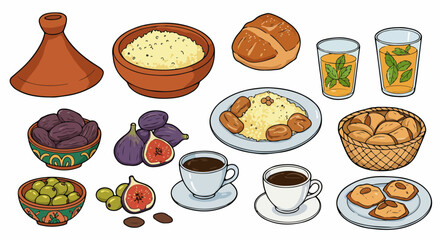 Moroccan food assortment with tea and dates