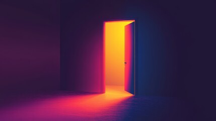 abstract graphic of a door half open in flat design style, gradient colors shifting from cool darks to warm brights, visual metaphor of courage to step into the unknown