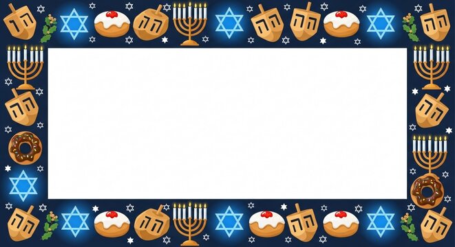 Hanukkah Celebration Frame: A vibrant frame with traditional Hanukkah symbols, Stars of David, dreidels, donuts, menorahs, and the essence of the Jewish festival.