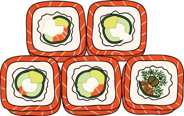 Illustration of five pieces of sushi roll with salmon and avocado.