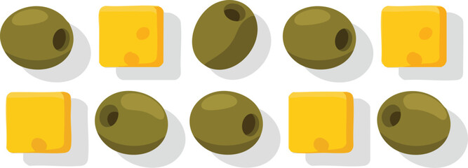 Olives and cheese cubes arranged in two rows on a white background.
