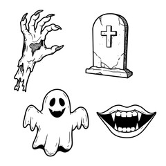 Cute cartoon vector illustration of a Halloween ghost next to a scary human skull and cross bones design symbol