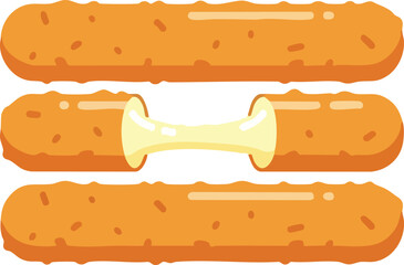 Vector illustration of three crispy fried mozzarella sticks, one broken to show a cheesy pull.