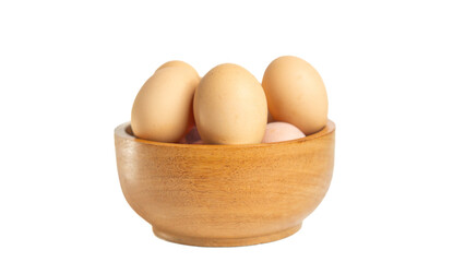 Chicken eggs on the wooden bowl. Isolated eggs on white background