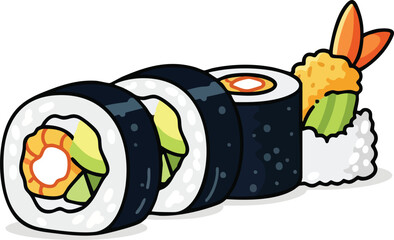 Close-up of sushi rolls with various fillings, including shrimp tempura and avocado.