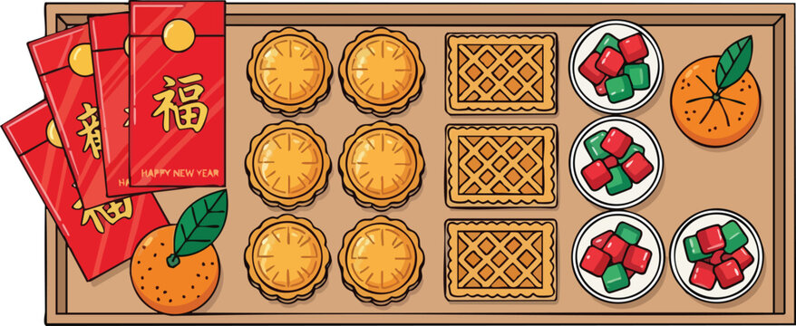 Lunar New Year tray with red envelopes, oranges, mooncakes, and sweets.