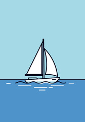 Minimal Line Art Sailboat on Blue Sea