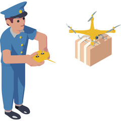 Man in blue uniform operating a yellow drone carrying a package with a remote control device white background flat design isometric vector illustration