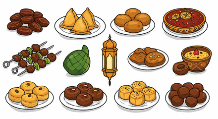 Ramadan food assortment with lantern and traditional sweets