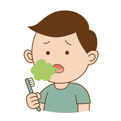 Man hold toothbrush was bad breath smell has green fumes from mouth, illustration cartoon on white background