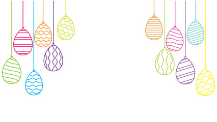 Vibrant hanging easter eggs with colorful lines decoration on both sides background