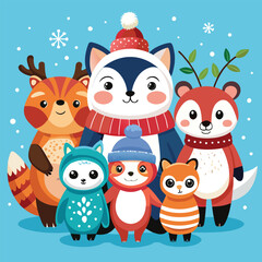 Fototapeta premium Adorable group of winter forest animals wearing scarves and hats celebrating Christmas in snow, cute holiday vector illustration