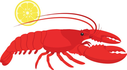 Vibrant red cooked lobster with a fresh yellow lemon slice on a white background.