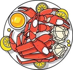 A top-down view of a plate with crab legs, lemon slices, and a bowl of butter.