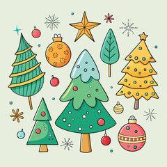 Set of cute Christmas trees and ornaments with stars and baubles, colorful festive vector illustration for holiday decoration and greeting cards.