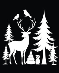 Elegant white deer silhouette standing among pine trees in dark forest, minimal winter vector illustration for Christmas and nature themes.