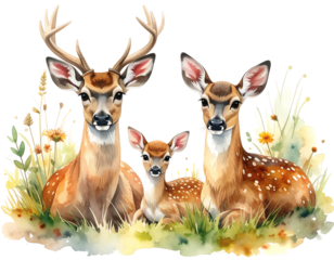 Whimsical watercolor deer family buck with antlers, doe, and fawn nestled in meadow