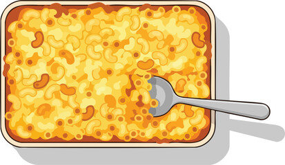 Illustration of a casserole dish filled with macaroni and cheese with a spoon.