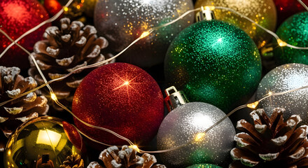 Festive Christmas ornaments and pinecones with holiday lights and golden glow