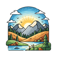 Fototapeta premium Aesthetic Flat illustration of a Nature Mountain at Morning
