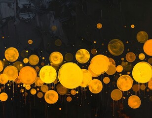 Abstract painting featuring gold circles against a textured black background