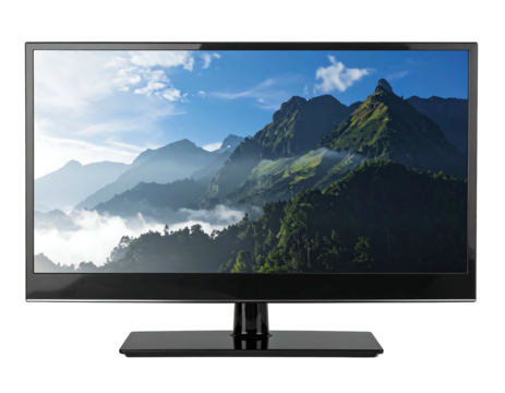 Sleek black television showing majestic mountain view under a partly cloudy sky