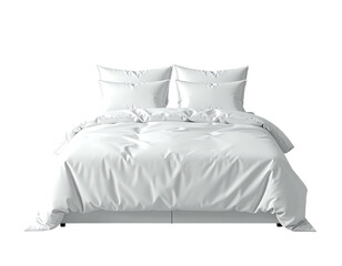 White bedding, duvet, and pillows on a bed isolated against a black background, creating contrast