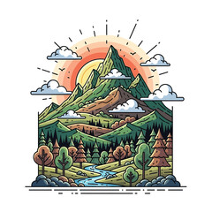Obraz premium Aesthetic Flat illustration of a Nature Mountain at Morning