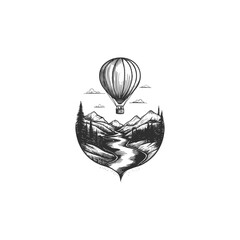 Vintage hand-drawn illustration of a hot air balloon flying over a mountain valley with river