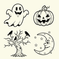 A cartoon vector illustration set of funny black line icon Halloween symbols, including an owl, ghost, and pumpkin decoration
