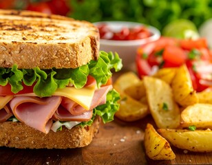 A delicious sandwich with sides of potatoes, tomatoes, and dipping sauce
