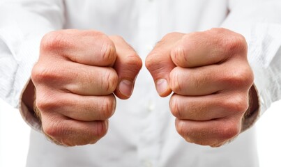 Close up of two clenched fists, ready for action, isolated.