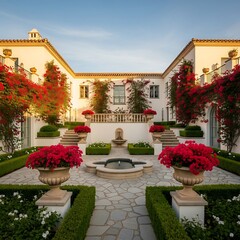 Fototapeta premium Beautiful courtyard with fountain, flowers, and architecture