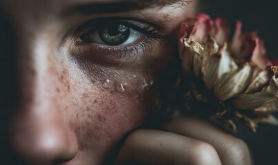Close-up of a persons eye and face with a flower, emotional portrait.
