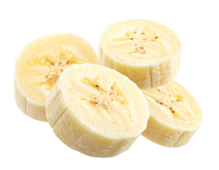 Sliced banana pieces stacked, showing pale yellow flesh and faint central core detail against a dark background