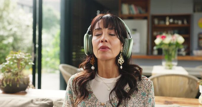 Yoga, woman or breathing with headphones on sofa for guided meditation, mindfulness or calm audio. Mature yogi, relax and zen playlist in home for anapanasati, stress relief or spiritual wellness