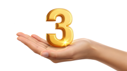 Golden number three held in open palm symbolizing success and achievement isolated on white background