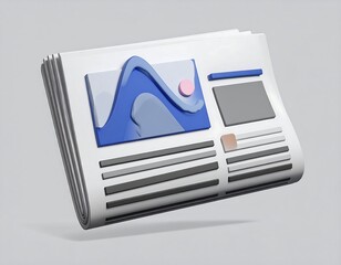 A 3D rendered stack of newsprint with colorful graphical elements