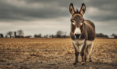 Donkey standing in a field under a cloudy sky, rural scene.