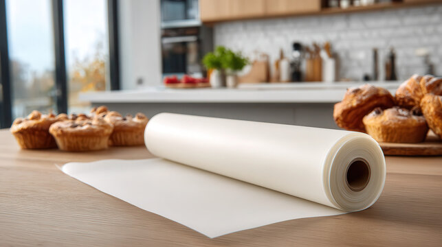 Baking parchment paper roll with freshly baked muffins in kitchen