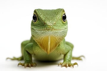 Fototapeta premium Close up macro portrait of a lizard facing the camera sharp scales clear eye and clean outline reptile studio subject isolated on pure white background