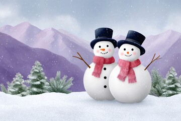 Obraz premium Snowmen couple standing in a winter mountain landscape illustration