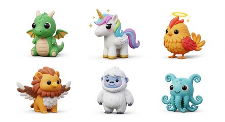 Naklejka premium Collection of Adorable Fantasy Creatures in Claymation Style.